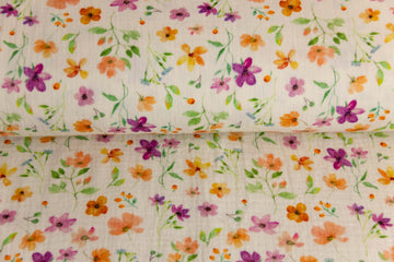 Musselin, Double Gauze, mit Sommerblumen, hellbeige, 0,5 m